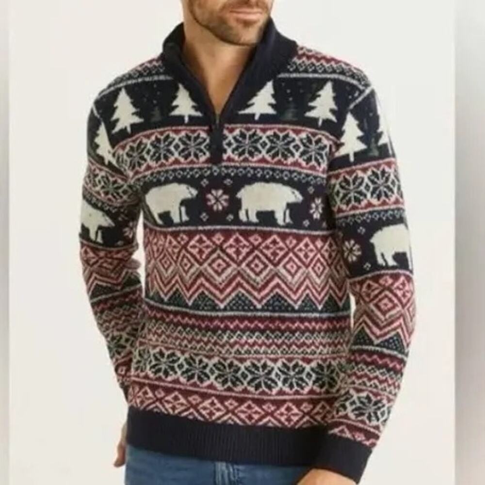 ASPEN Fair Isle Polar Bear Christmas Holiday 1/4 Zip Knit Sweater Size XL